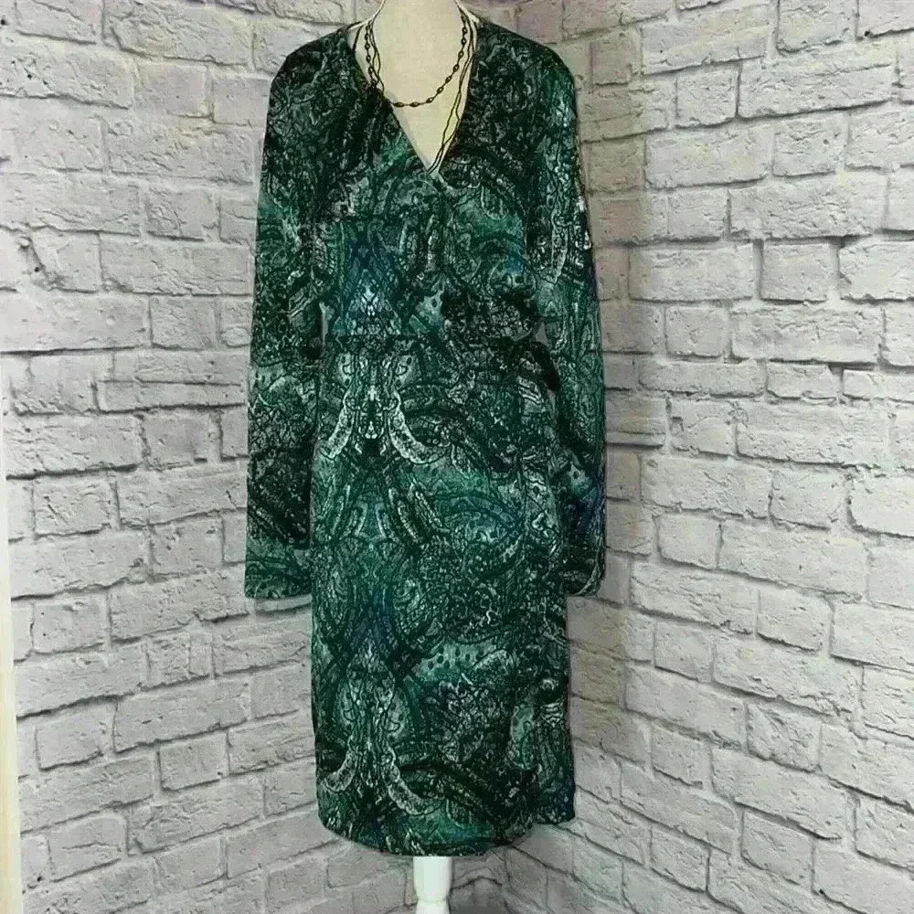 Antonio Melani Wrap Dress Long Sleeve Midi Green, Blue, Brown Paisley SIZE 4